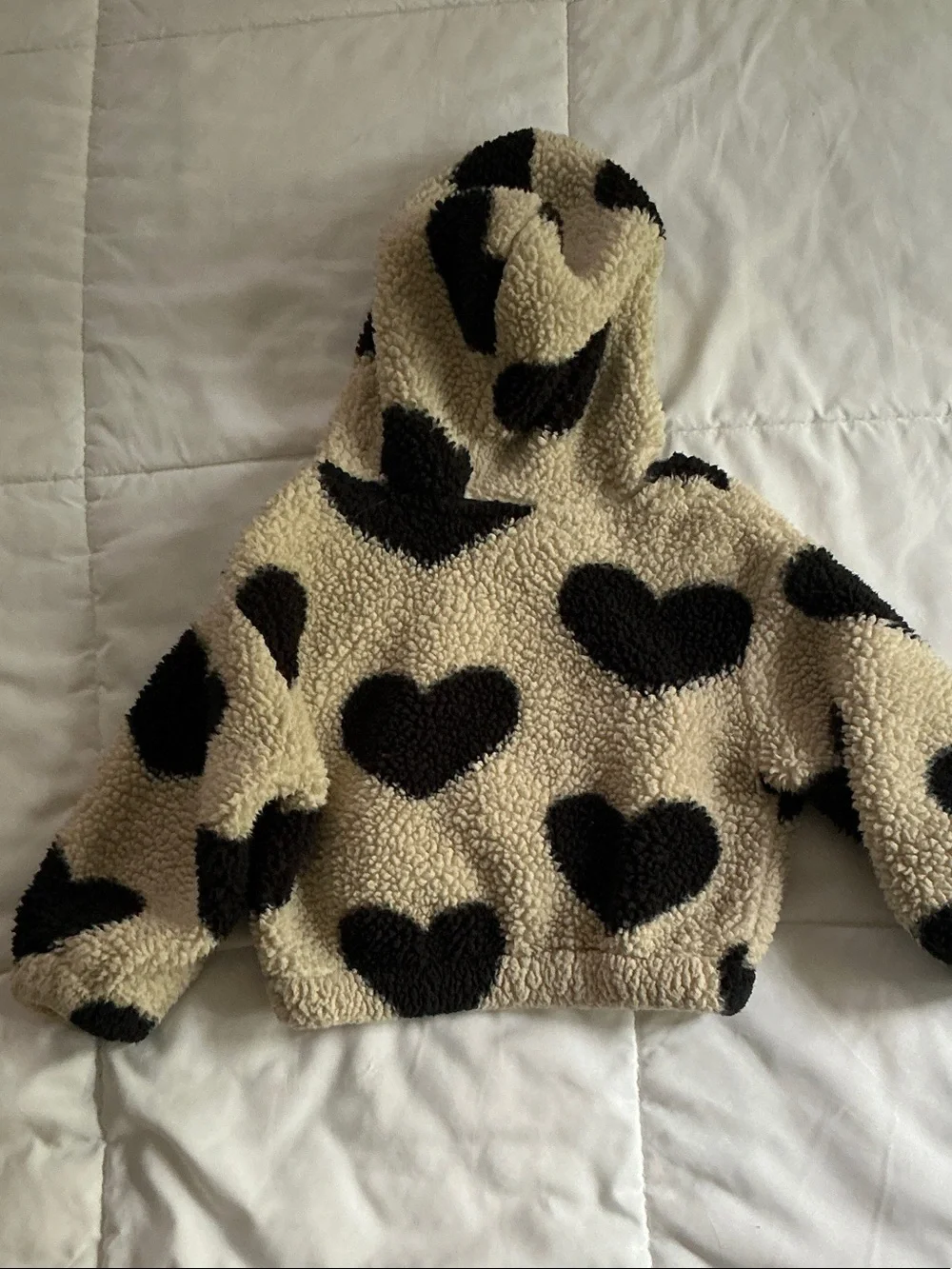 Cozy Heart Sherpa Zip Hoodie - Black Hearts on Cream